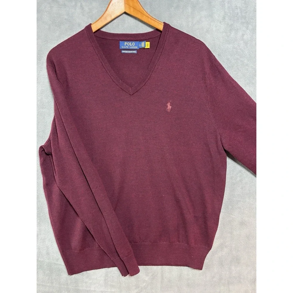 Polo Ralph Lauren Sweater Mens L Washable Merino 100% Wool V Neck Pony Preppy
